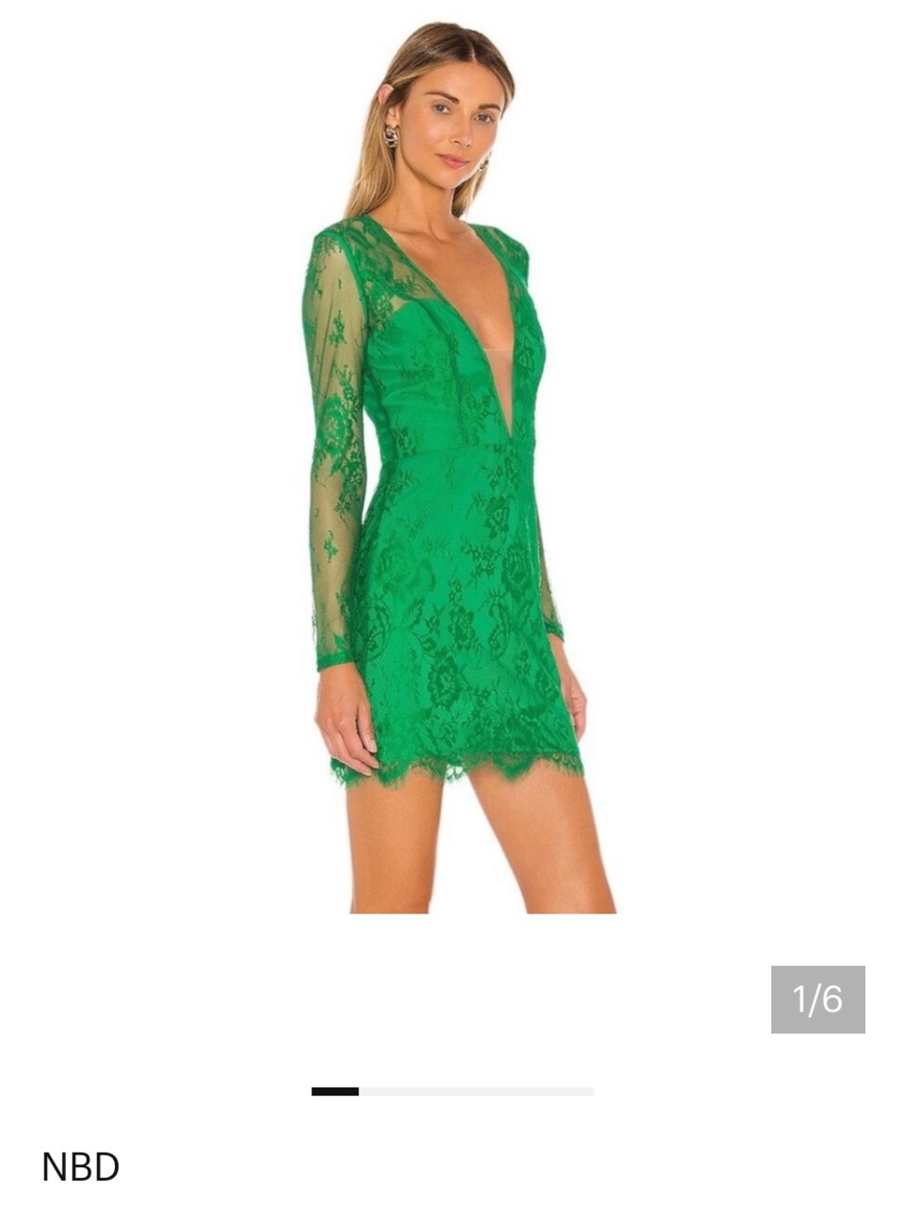 NBD Emerald Lace Plunge Long Sleeve Mini Dress